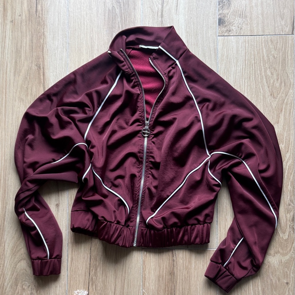 Bershka Women’s Maroon Bomber Jacket with White Piping
